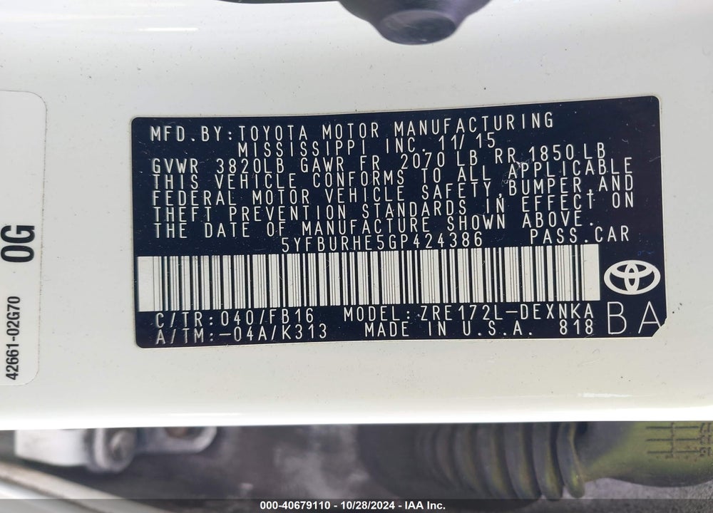 2016 TOYOTA COROLLA LE VIN: 5YFBURHE5GP424386