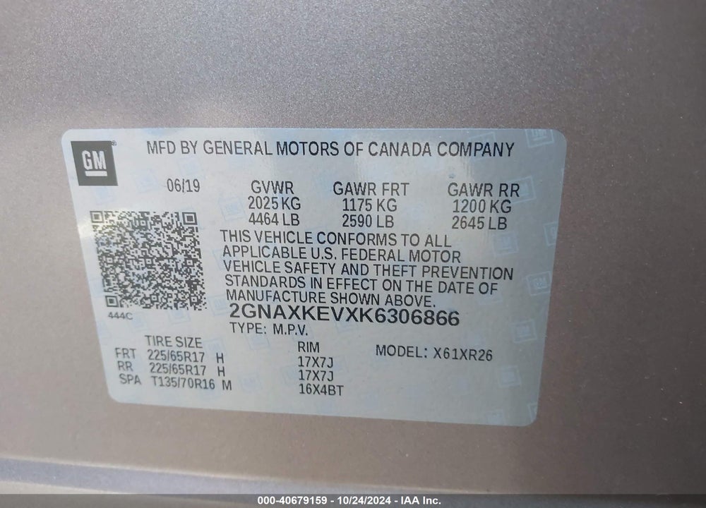 2019 CHEVROLET EQUINOX LT VIN: 2GNAXKEVXK6306866