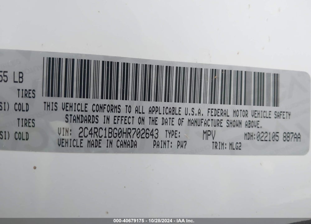 2017 CHRYSLER PACIFICA TOURING L VIN: 2C4RC1BG0HR702643