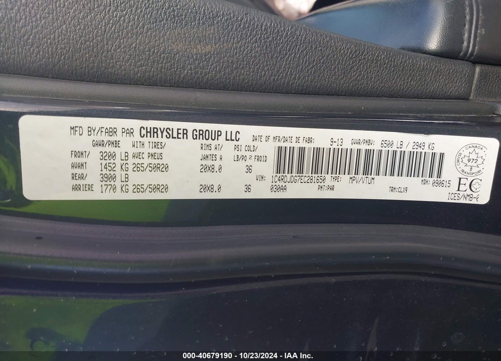 2014 DODGE DURANGO LIMITED VIN: 1C4RDJDG7EC281650