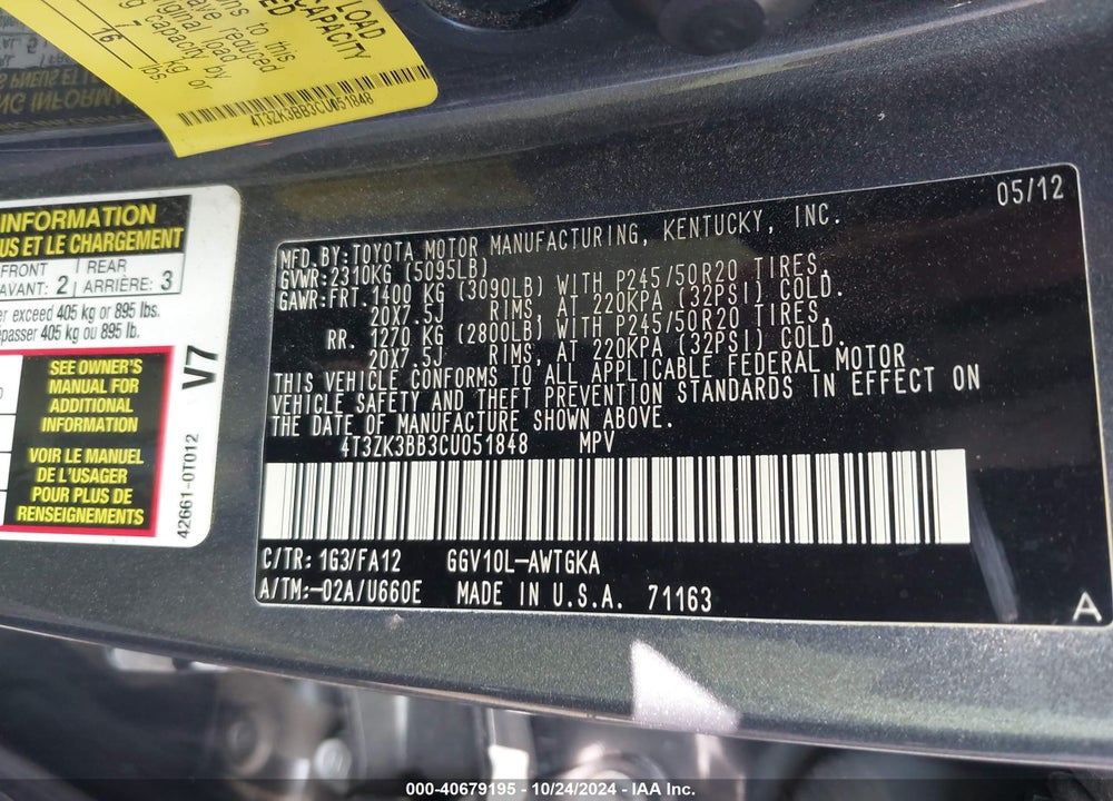 2012 TOYOTA VENZA LE V6 VIN: 4T3ZK3BB3CU051848