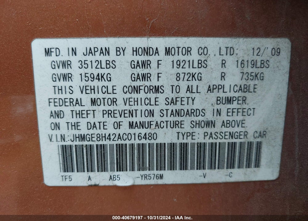 2010 HONDA FIT SPORT VIN: JHMGE8H42AC016480