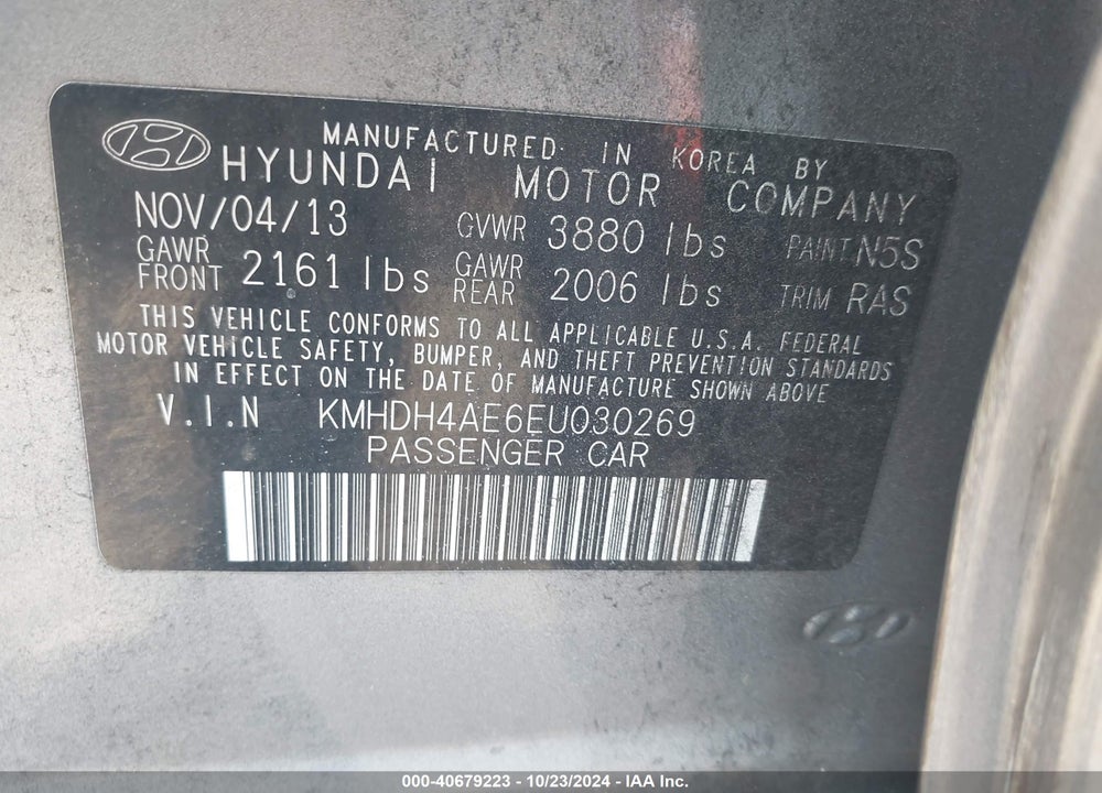 2014 HYUNDAI ELANTRA SE (ULSAN PLANT) VIN: KMHDH4AE6EU030269
