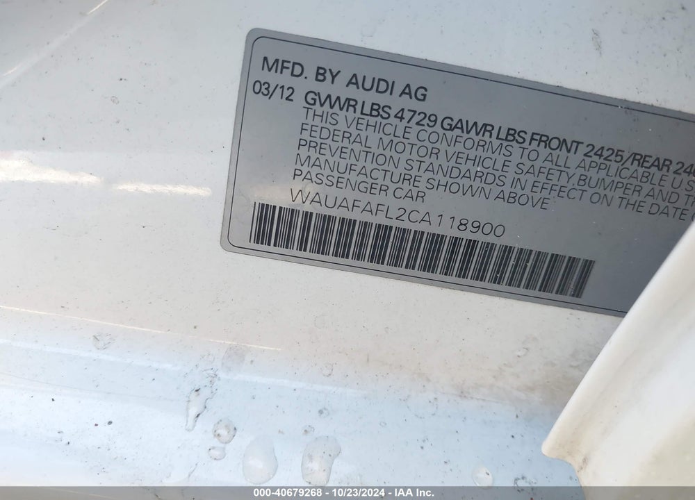 2012 AUDI A4 2.0T PREMIUM VIN: WAUAFAFL2CA118900
