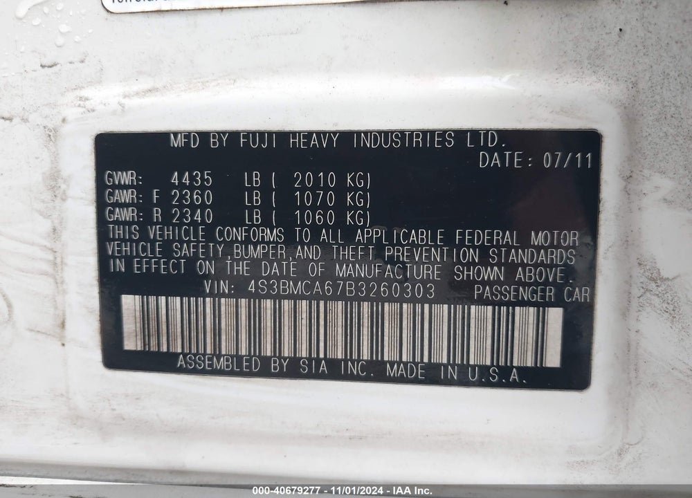 2011 SUBARU LEGACY 2.5I VIN: 4S3BMCA67B3260303