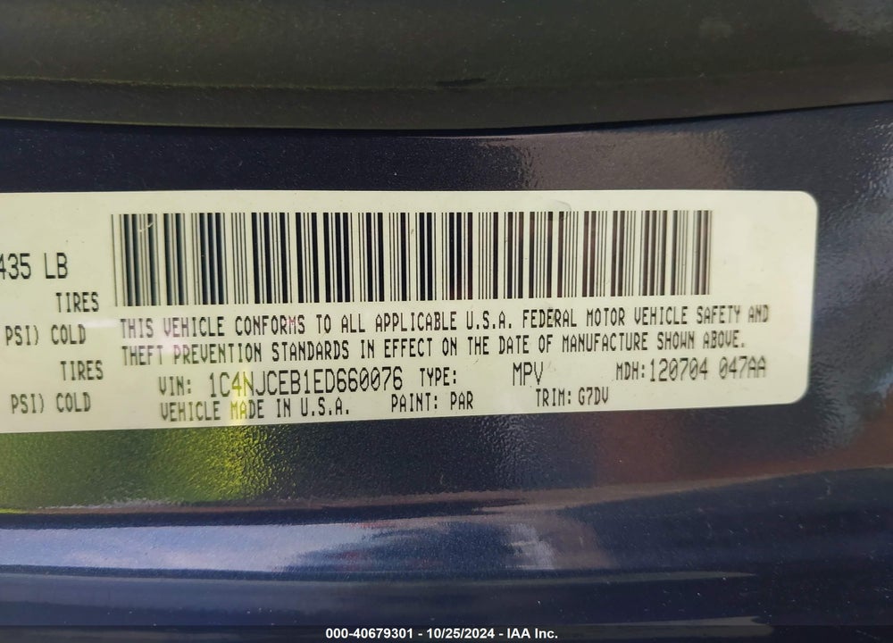2014 JEEP COMPASS LATITUDE VIN: 1C4NJCEB1ED660076