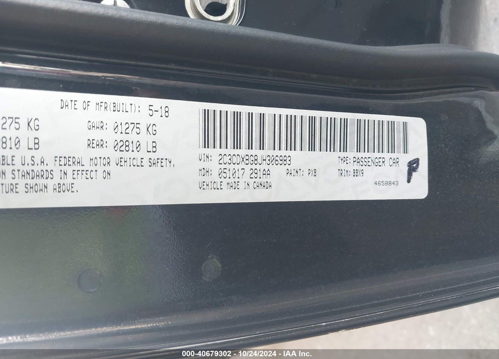 2018 DODGE CHARGER SXT RWD VIN: 2C3CDXBG8JH306983
