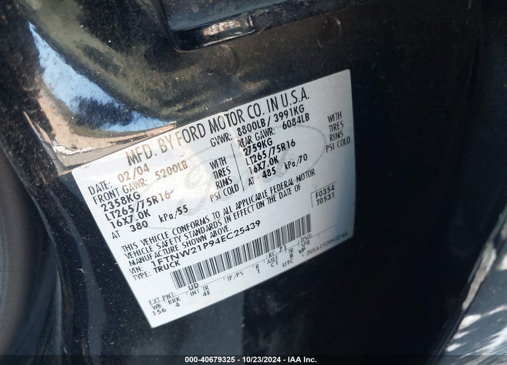 2004 FORD F-250 LARIAT/XL/XLT VIN: 1FTNW21P94EC25439