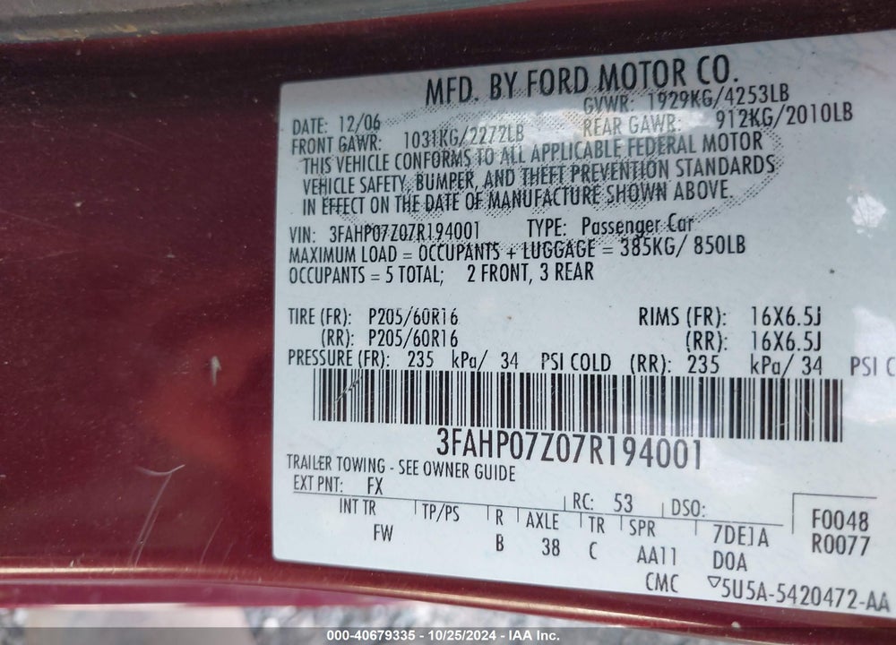 2007 FORD FUSION SE VIN: 3FAHP07Z07R194001