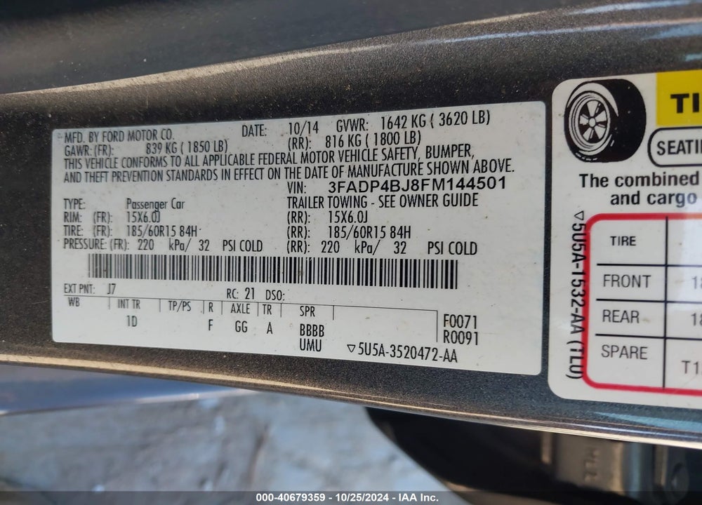2015 FORD FIESTA SE VIN: 3FADP4BJ8FM144501