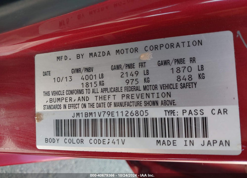 2014 MAZDA 3 I TOURING VIN: JM1BM1V79E1126805