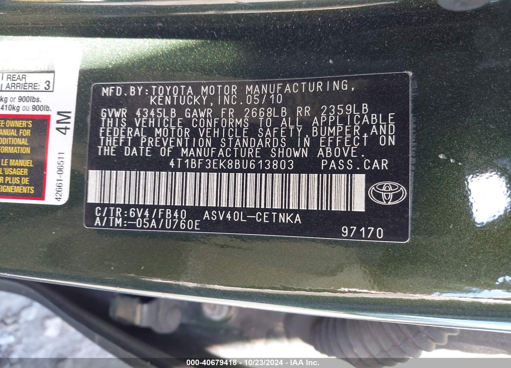 2011 TOYOTA CAMRY LE VIN: 4T1BF3EK8BU613803