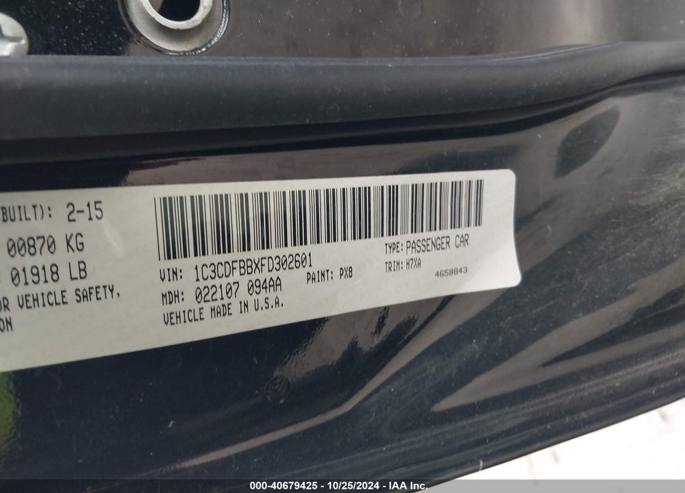 2015 DODGE DART SXT VIN: 1C3CDFBBXFD302601
