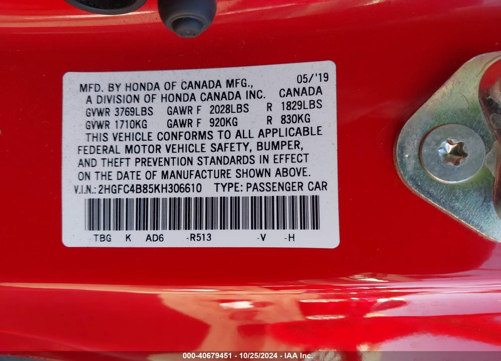 2019 HONDA CIVIC SPORT VIN: 2HGFC4B85KH306610