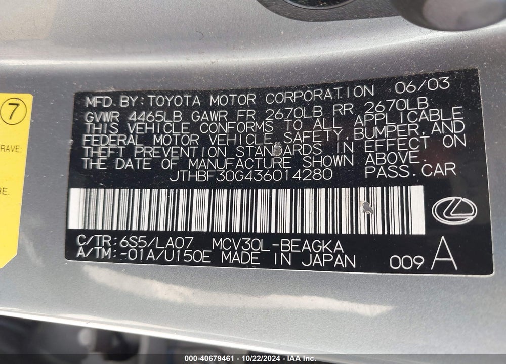 2003 LEXUS ES 300 VIN: JTHBF30G436014280