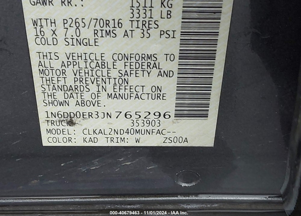 2018 NISSAN FRONTIER SV VIN: 1N6DD0ER3JN765296