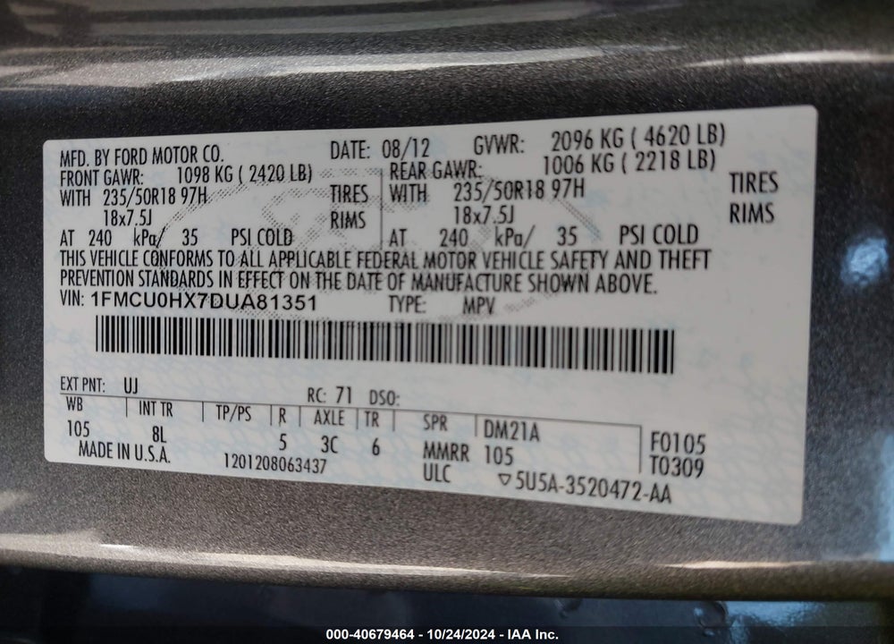 2013 FORD ESCAPE SEL VIN: 1FMCU0HX7DUA81351