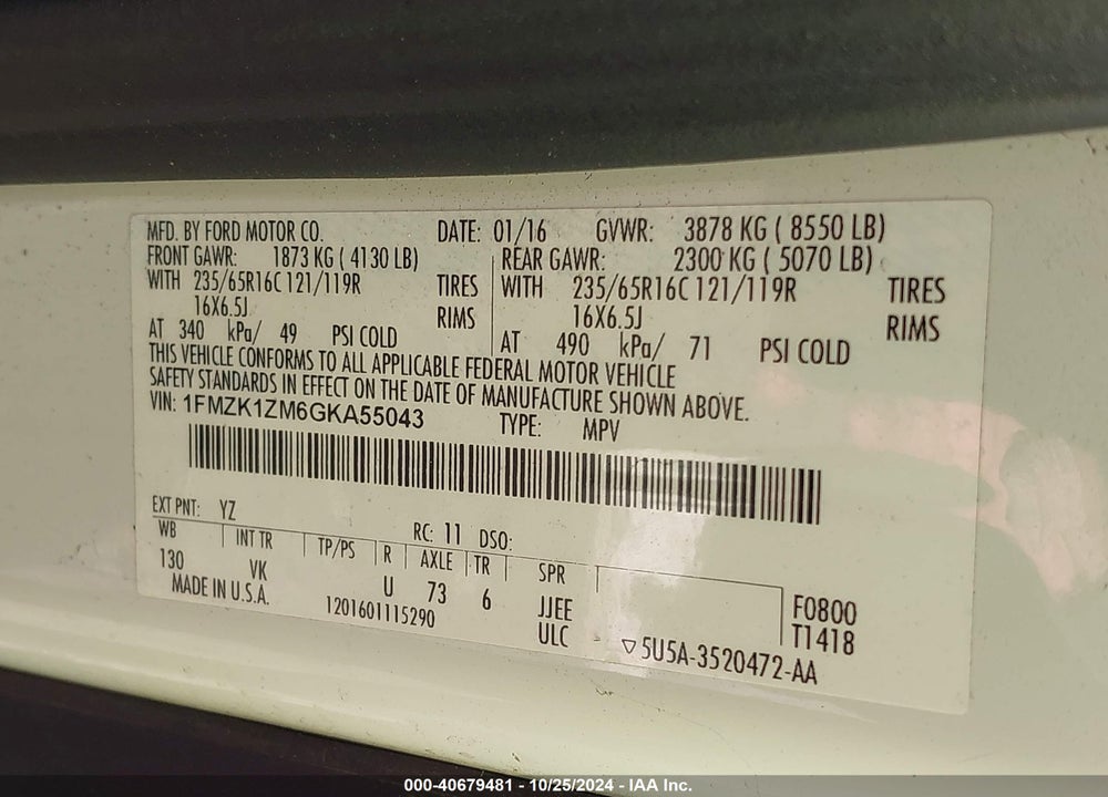 2016 FORD TRANSIT-150 XL VIN: 1FMZK1ZM6GKA55043
