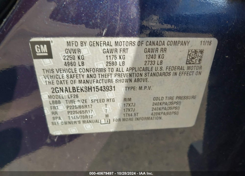 2017 CHEVROLET EQUINOX LS VIN: 2GNALBEK8H1543931