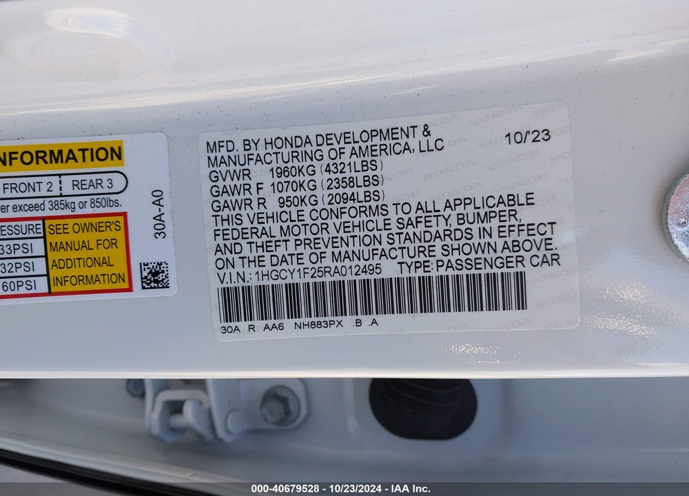 2024 HONDA ACCORD LX VIN: 1HGCY1F25RA012495