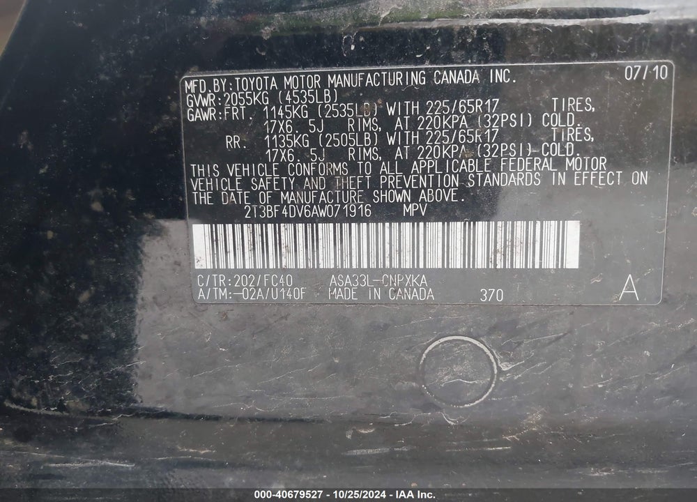 2010 TOYOTA RAV4 VIN: 2T3BF4DV6AW071916