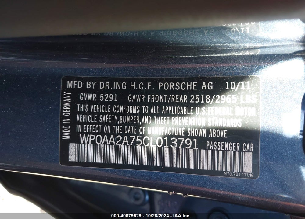 2012 PORSCHE PANAMERA 4 VIN: WP0AA2A75CL013791