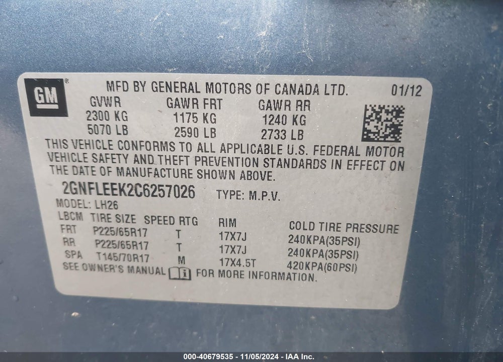 2012 CHEVROLET EQUINOX 1LT VIN: 2GNFLEEK2C6257026