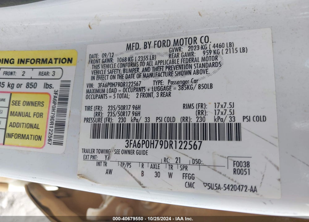 2013 FORD FUSION SE VIN: 3FA6P0H79DR122567