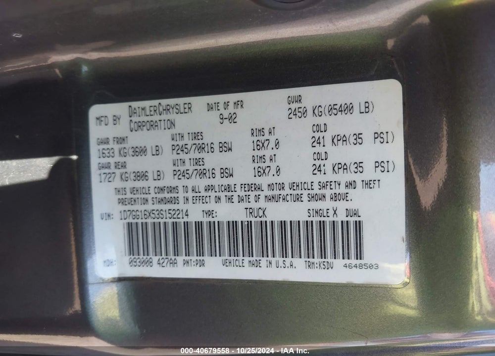 2003 DODGE DAKOTA VIN: 1D7GG16X53S152214