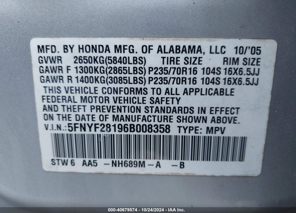 2006 HONDA PILOT LX VIN: 5FNYF28196B008358