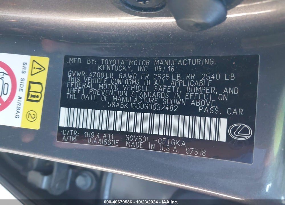 2016 LEXUS ES 350 VIN: 58ABK1GG0GU032482