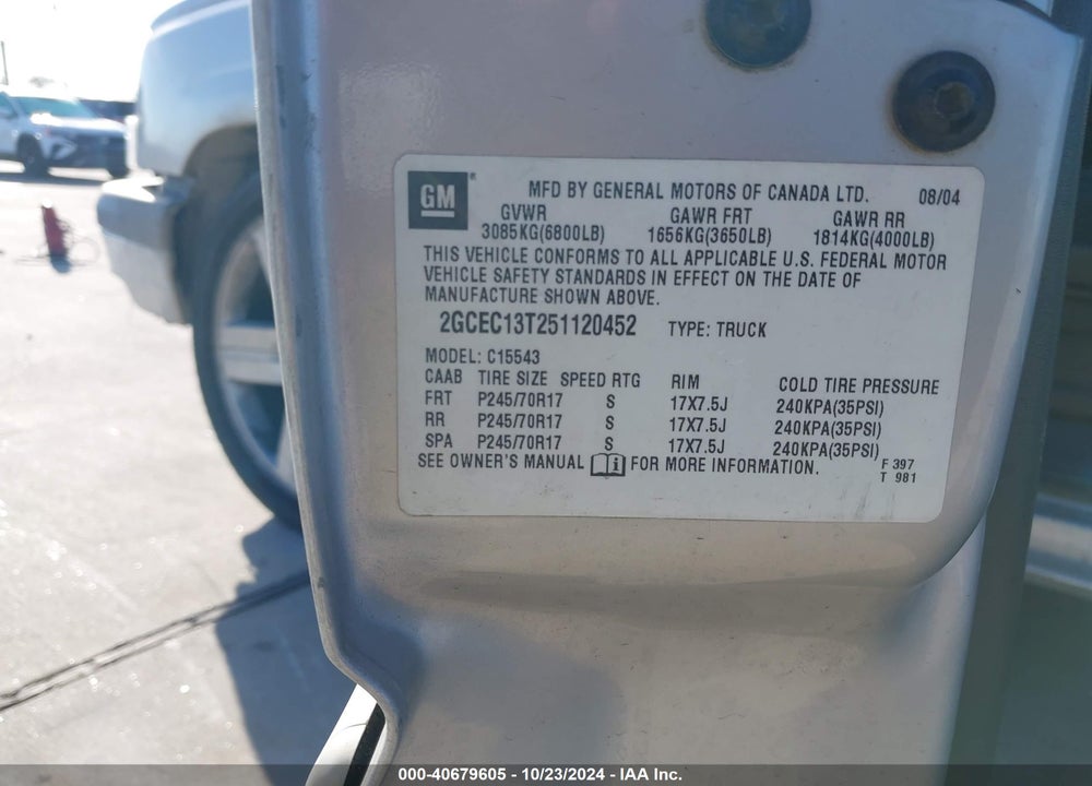 2005 CHEVROLET SILVERADO 1500 LT VIN: 2GCEC13T251120452