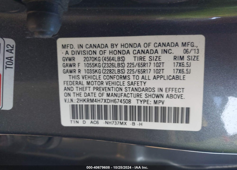 2013 HONDA CR-V EX-L VIN: 2HKRM4H7XDH674508
