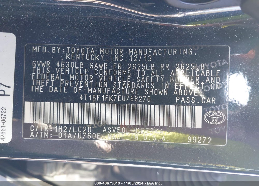 2014 TOYOTA CAMRY SE VIN: 4T1BF1FK7EU768270