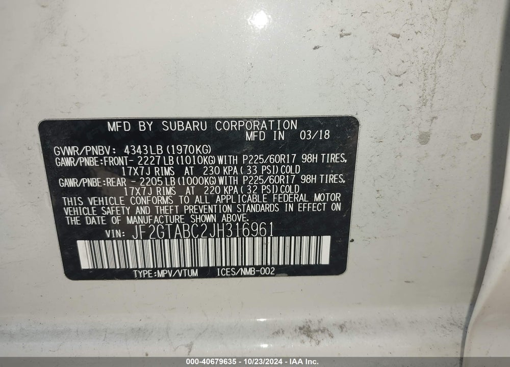 2018 SUBARU CROSSTREK 2.0I PREMIUM VIN: JF2GTABC2JH316961