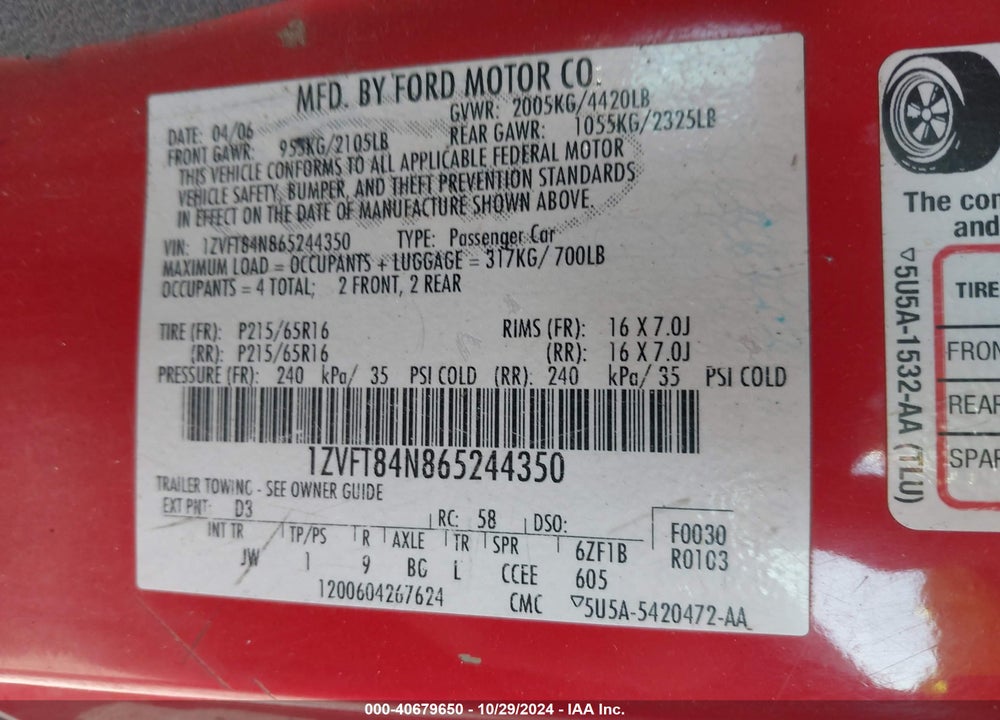 2006 FORD MUSTANG V6 VIN: 1ZVFT84N865244350