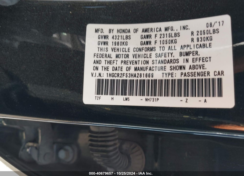 2017 HONDA ACCORD SPORT VIN: 1HGCR2F53HA281669