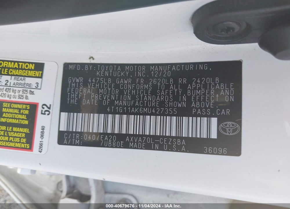 2021 TOYOTA CAMRY SE VIN: 4T1G11AK6MU427355
