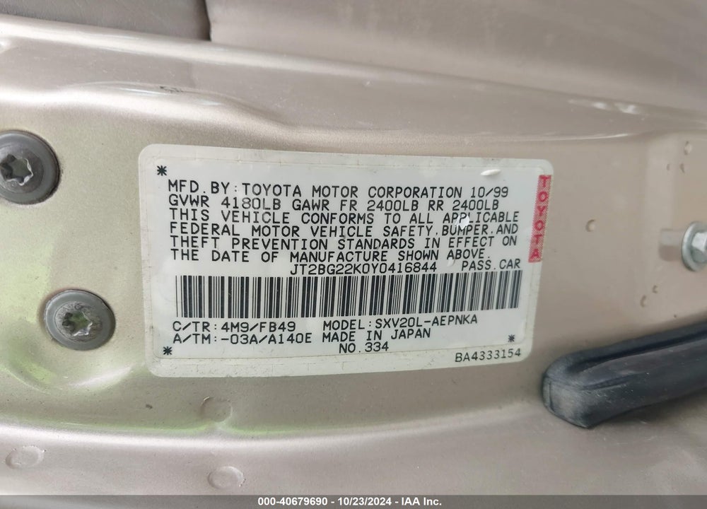 2000 TOYOTA CAMRY LE VIN: JT2BG22K0Y0416844