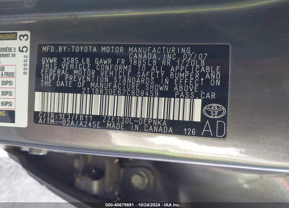 2007 TOYOTA COROLLA LE VIN: 2T1BR30E67C808459