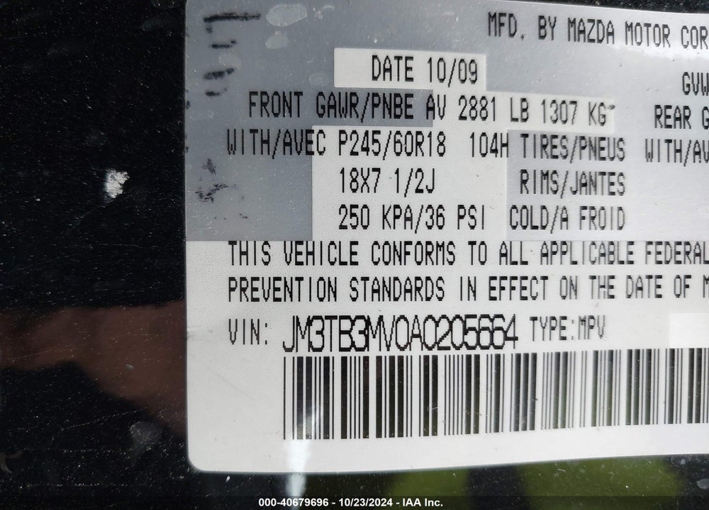 2010 MAZDA CX-9 TOURING VIN: JM3TB3MV0A0205664