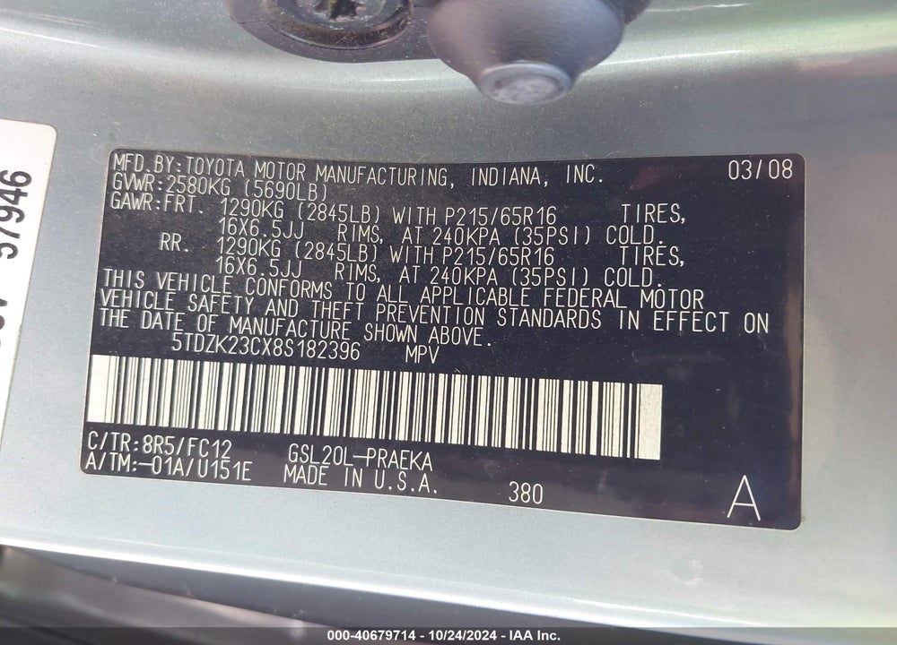 2008 TOYOTA SIENNA LE VIN: 5TDZK23CX8S182396