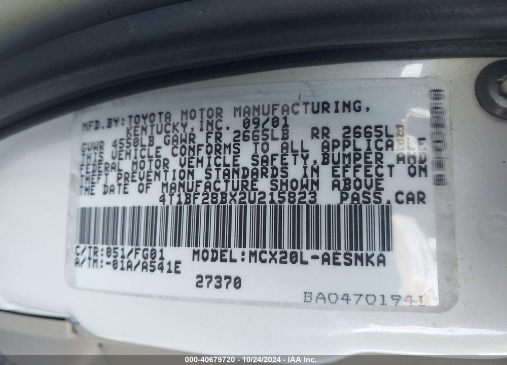 2002 TOYOTA AVALON XL VIN: 4T1BF28BX2U215823