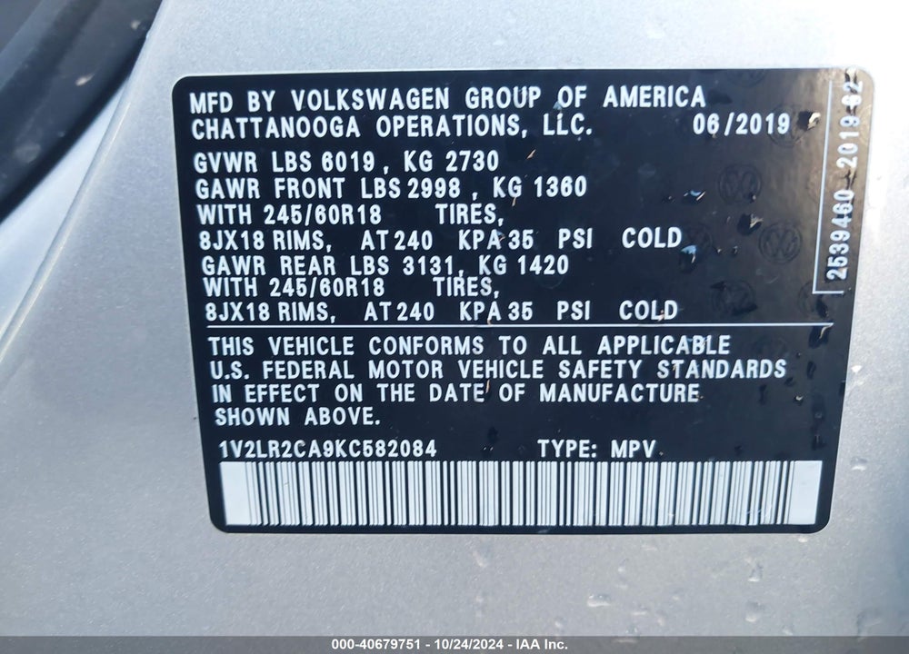 2019 VOLKSWAGEN ATLAS 3.6L V6 SE VIN: 1V2LR2CA9KC582084