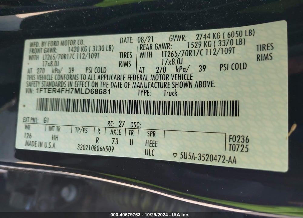 2021 FORD RANGER LARIAT VIN: 1FTER4FH7MLD68681