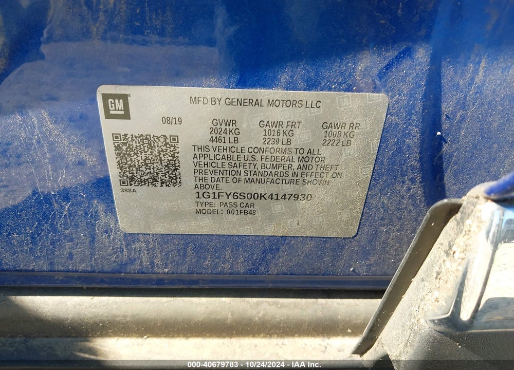 2019 CHEVROLET BOLT EV LT VIN: 1G1FY6S00K4147930