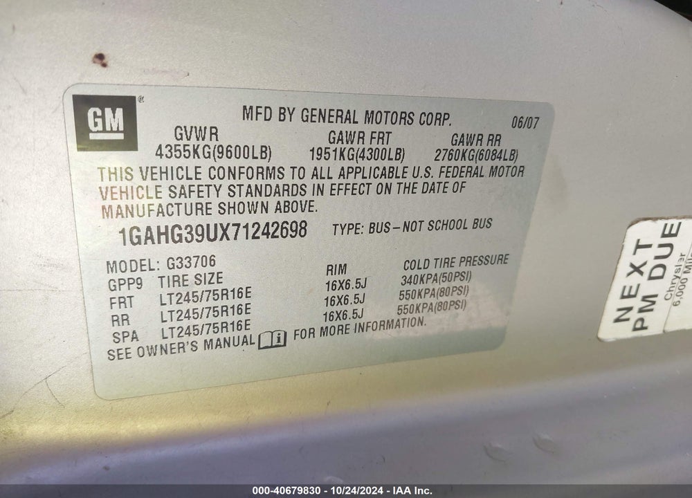 2007 CHEVROLET EXPRESS G3500 VIN: 1GAHG39UX71242698