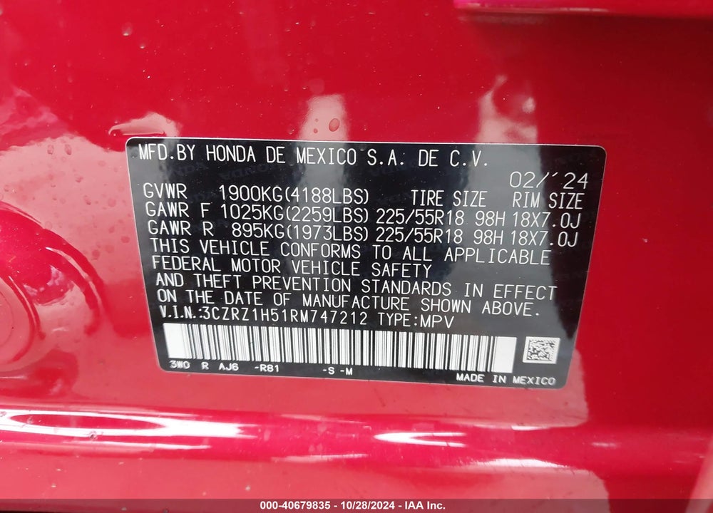 2024 HONDA HR-V VIN: 3CZRZ1H51RM747212
