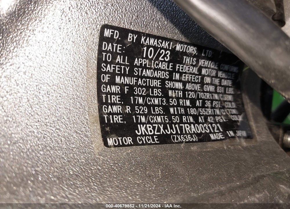 2024 KAWASAKI ZX636 K VIN: JKBZXJJ17RA003121