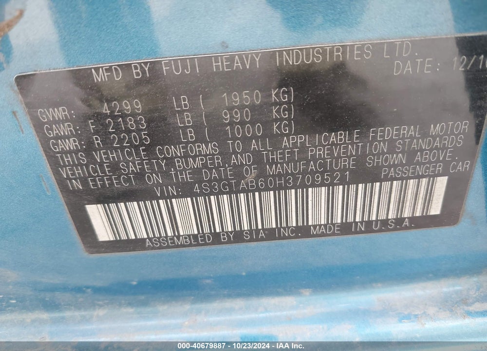 2017 SUBARU IMPREZA 2.0I PREMIUM VIN: 4S3GTAB60H3709521